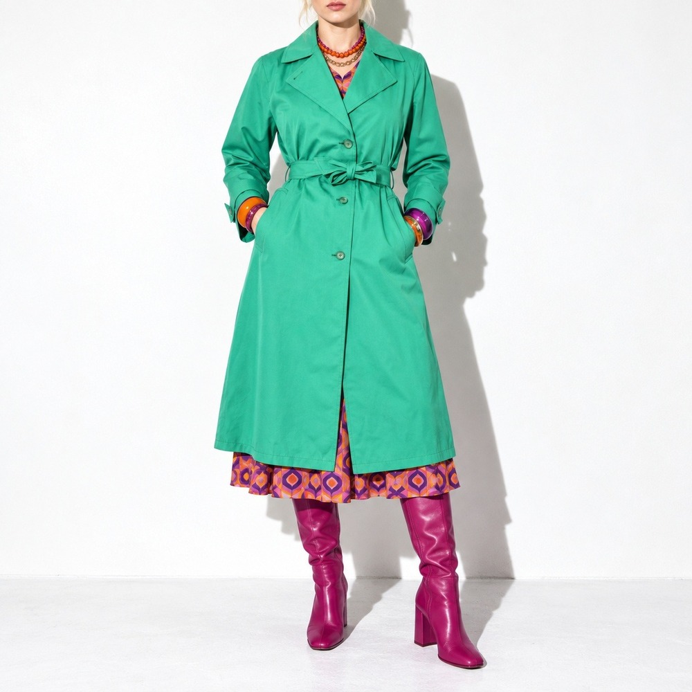 70s Vintage Green London Fog Trench Coat Womens M Belted Gingham Back Storm Flap